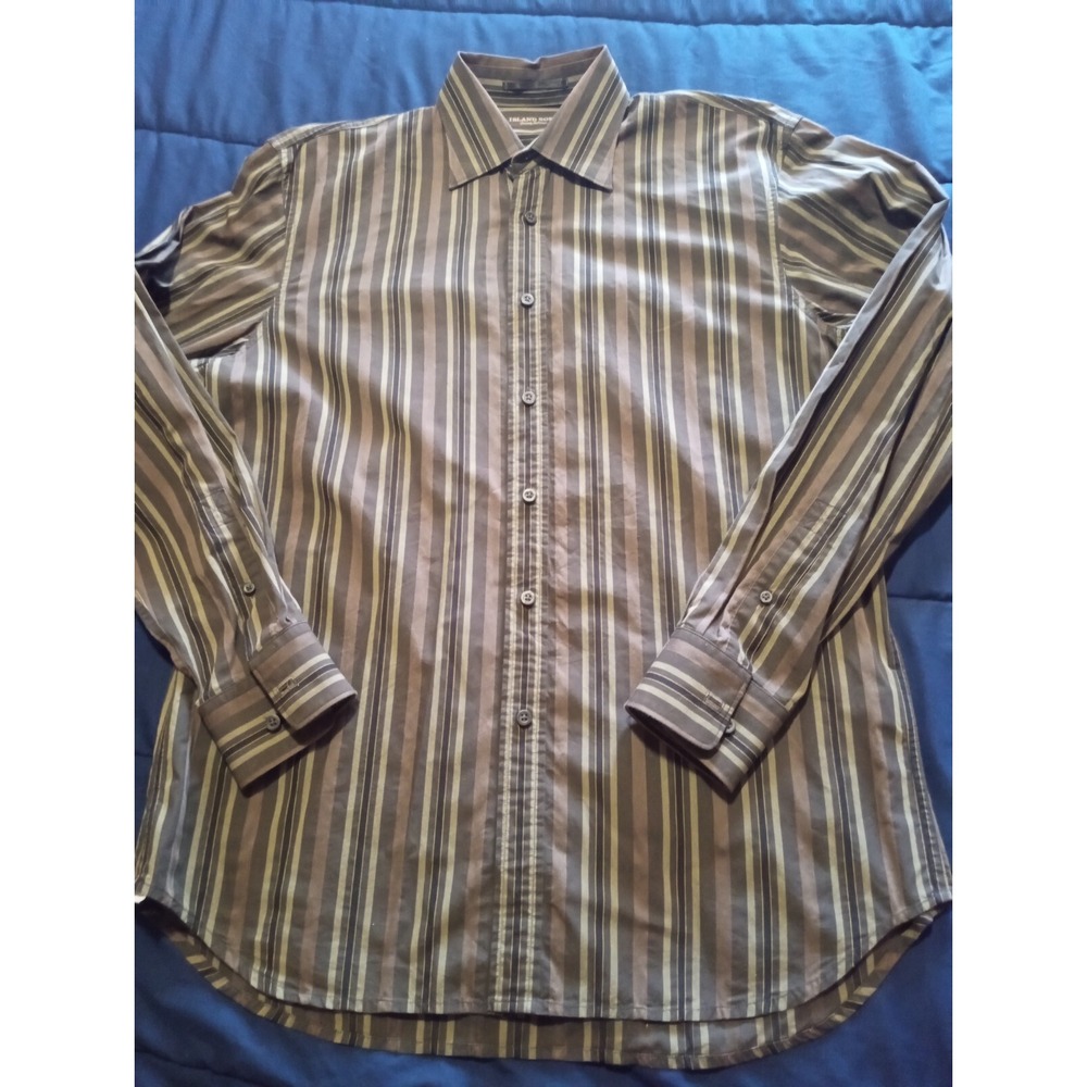 Tommy Bahama Shirt Mens Medium Brown Stripe Button Up Long Sleeve Island Soft